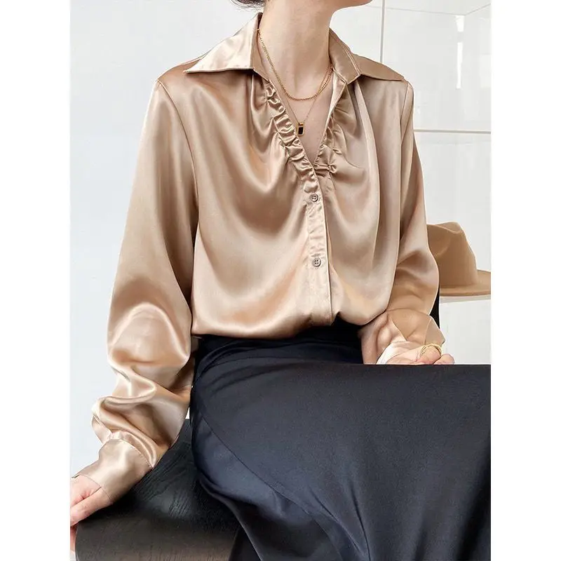 French Pleated V-neck Acetic Acid Satin Surface Women Spring Long Sleeved Simplicity Temperament Light Ripe Wind All-match Shirt