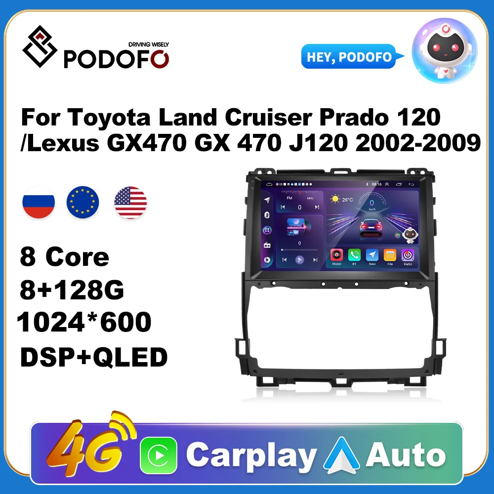 Podofo Wireless CarPlay Andorid Auto Car Radio For Toyota Prado 2004-2009/Lexus GX470 2002-2009 Multimedia GPS 2din autoradio