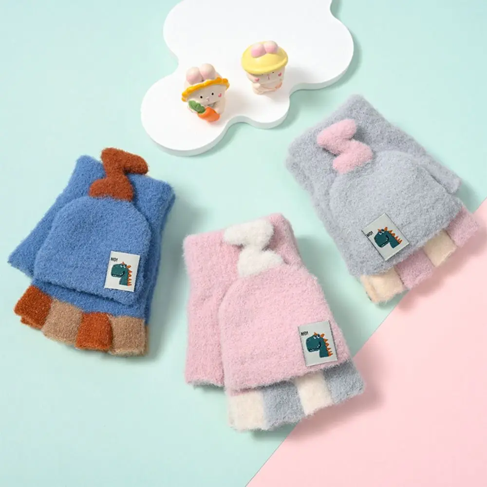 

Durable Nylon Half Finger Flip Kids Gloves Thickened Windproof Warm Mitten Pink Blue Grey Children Knitted Mittens Unisex