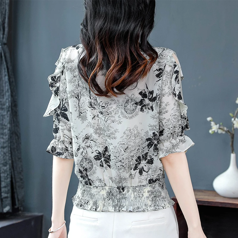 New Half sleeve Lady tops Summer 2024 fashion Floral Printed Shirt Round Neck Casual Ruffles Women Chiffon blouse