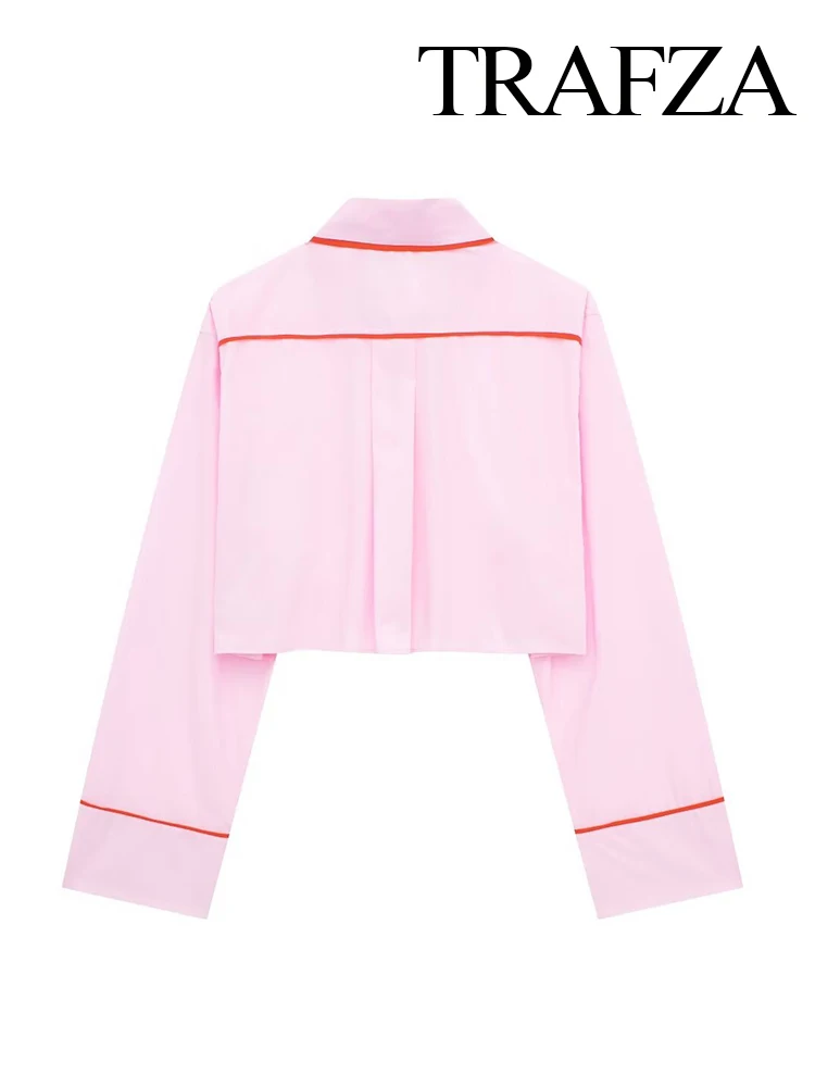 TRAFZA Female Chic Short Shirts Pink Turn-Down Collar Long Sleeves Pocket Single Breasted Woman Spring Fashion Causal Blouse