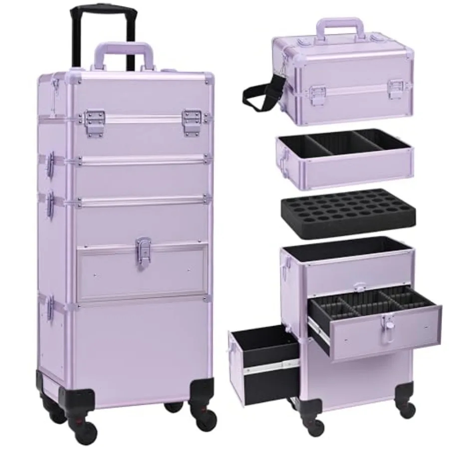 

Rolling Makeup Case with Drawer for Salon and Barber Use, Purple PU Leather 4-in-1 Cosmetology Train Case on Wheels, Large Prof