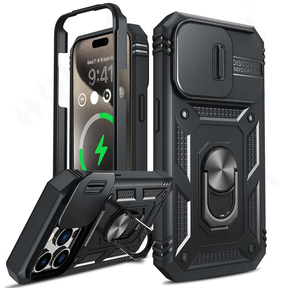 Case For iPhone 16 15 14 13 12 11 Pro XS Max XR Plus Camera Slide Military Grade Armor Protection 360 Degree Rotate Armor Cover