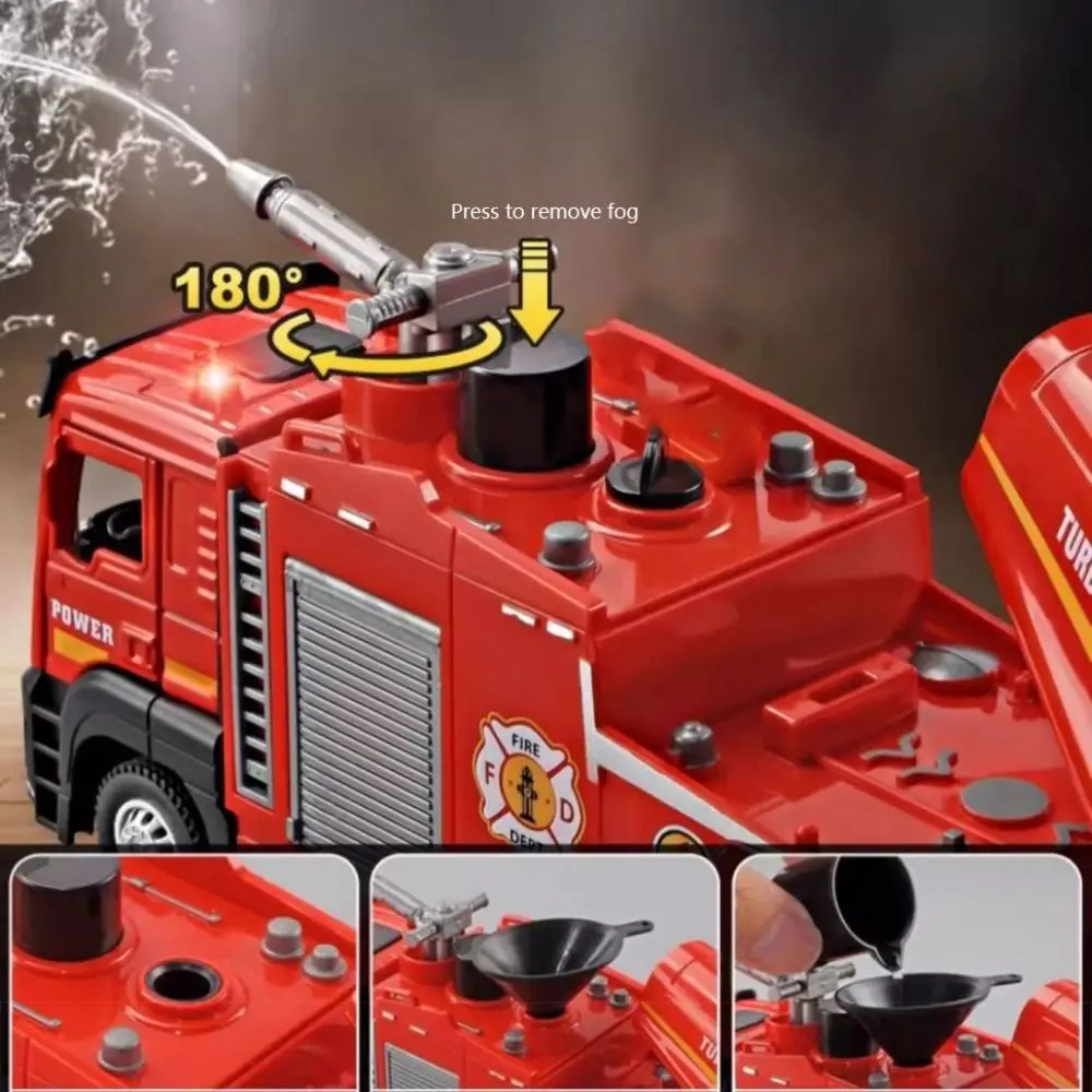 Modelo de caminhão de bombeiros escala 1:32, função pull-back com som, luz, spray de água, brinquedo interativo de resgate de incêndio, carros de motor de incêndio