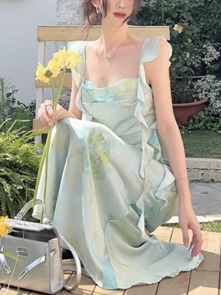 Elegante doce cetim impressão vestidos da mulher verão coreano nova moda cinta babados chique a linha festa férias praia feminino