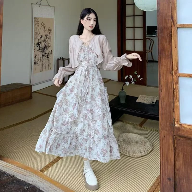 섹시한 꽃 맥시 드레스 여성 여름 쉬폰 카디건 탑 민소매 드레스 프랑스 스타일 프릴 여성 Boho Beach Party Vacation