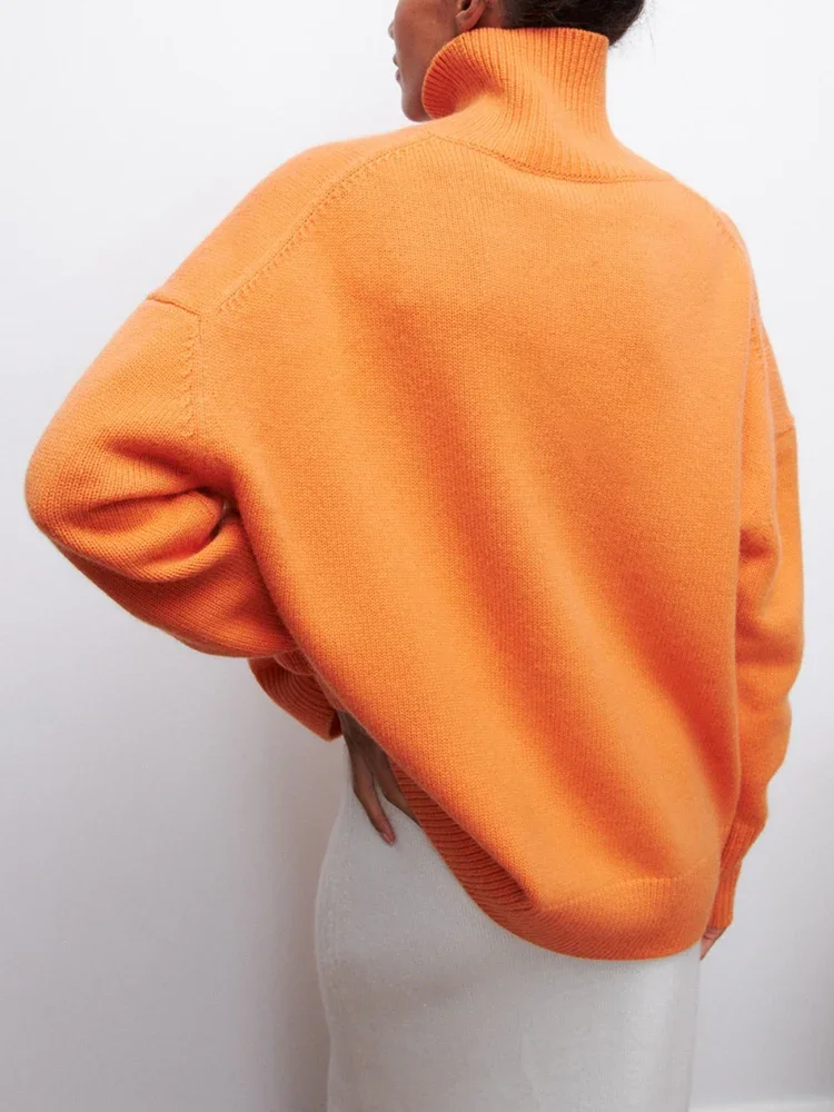 Candy Color Women\'s Turtleneck Oversized Sweater 2024 Autumn Orange Soft Thick Knitted Pullovers for Women Jumpers with Sleeve