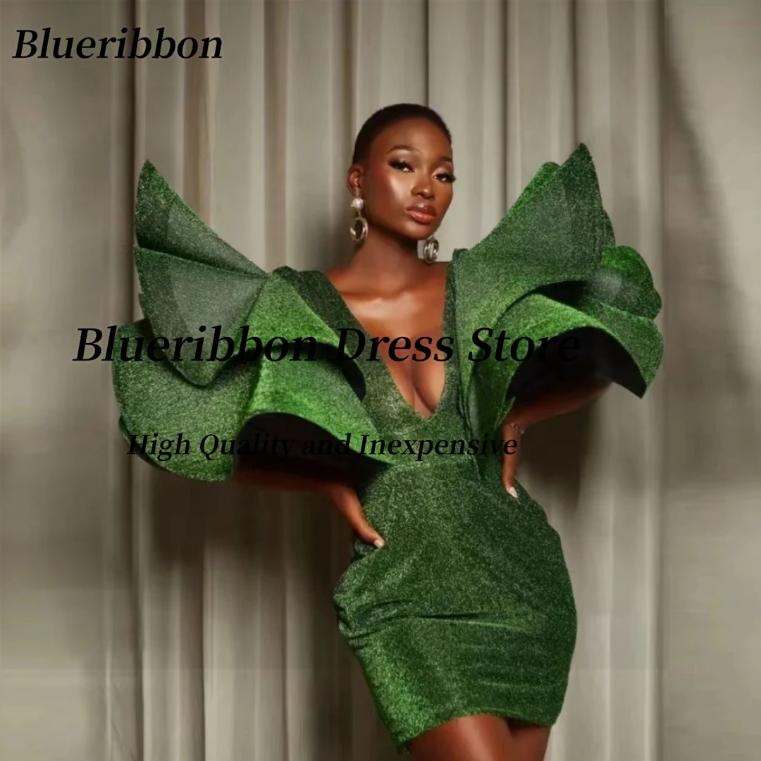 

Blueribbon Customized Prom Dresses Sexy V Neck Robe Des Cocktail Dress Tiered Puffy Sleeves Special Occasion Girls Party Gowns