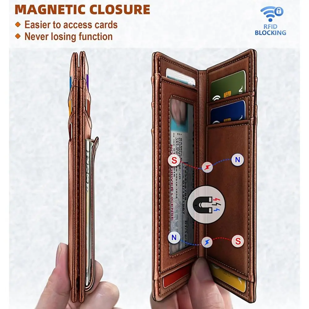 

Portable Oil Wax Men's Wallet Anti-Theft Ultra-Thin Card Bag Multifunctional Large Capacity RFID Short Purses Male