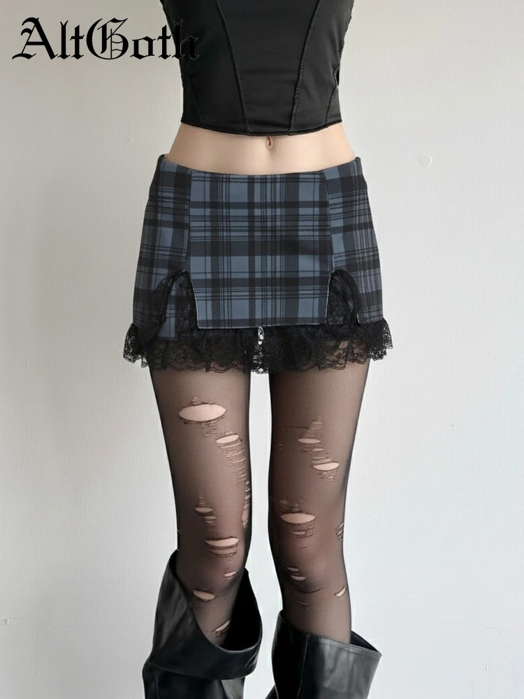 AltGoth Fairycore Grunge Hotsweet Mini jupe femmes esthétique gothique foncé Y2k e-girl Kawaii dentelle Patchwork taille basse jupe à carreaux