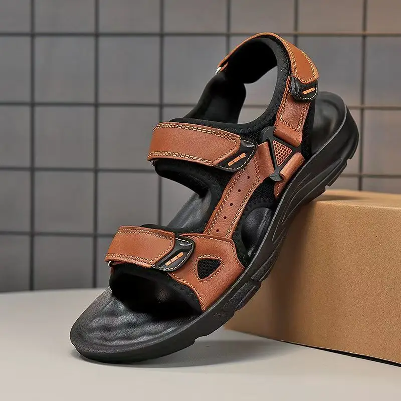 

Children's Summer Leather Casual Sports Sandals Boys Open Toe Soft Sole Non Slip Big Children's Velcro Outdoor Beach Sandals