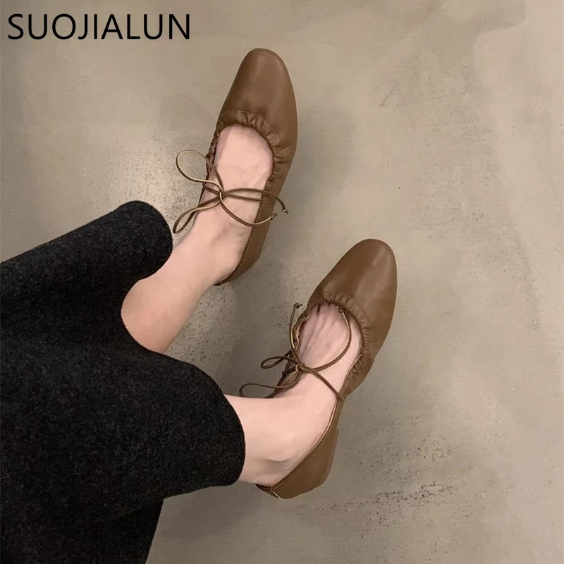 SUOJIALUN 2024 Autumn Women Flat Shoes Fashion Round Toe Shallow Slip On Mary Jane Shoes Soft Flat Heel Outdoor Dress Boat Shoes