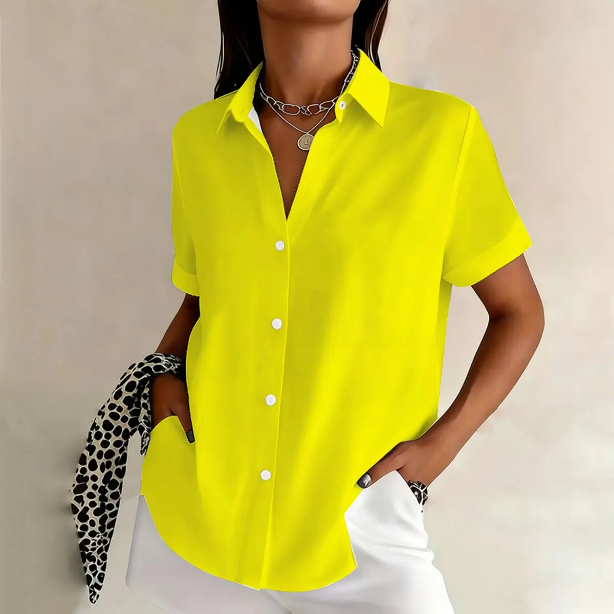 

Ярко-желтая однотонная рубашка с короткими рукавами и лацканами для женщин, летняя повседневная модная универсальная стильная блузка.