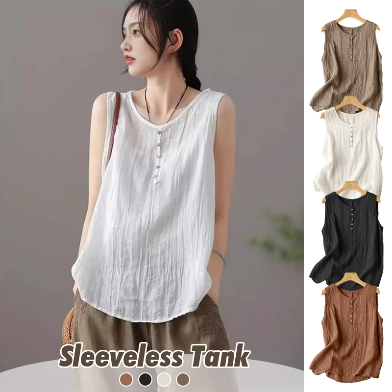 

2024 Summer Tank Top Holiday Sleeveless Cotton & Linen Casual Loose Beach T-Shirt Women's Breathable Button Pure Colour Smock