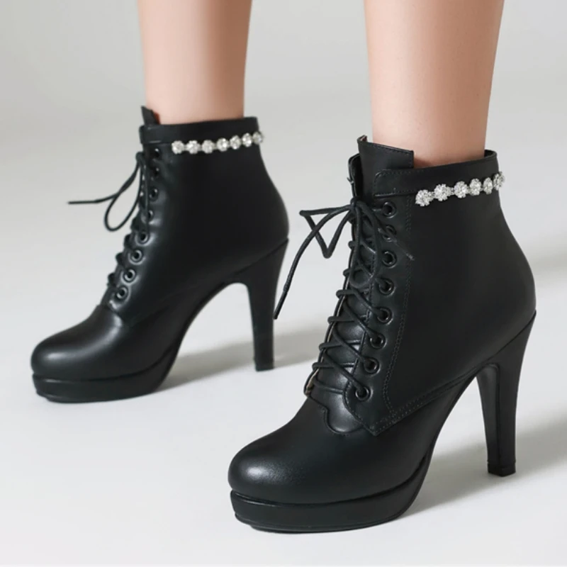 

Белые, черные женские ботильоны на платформе, роскошные осенне-зимние короткие ботинки для танцев, обувь для вечеринок на шнуровке, большой размер 44