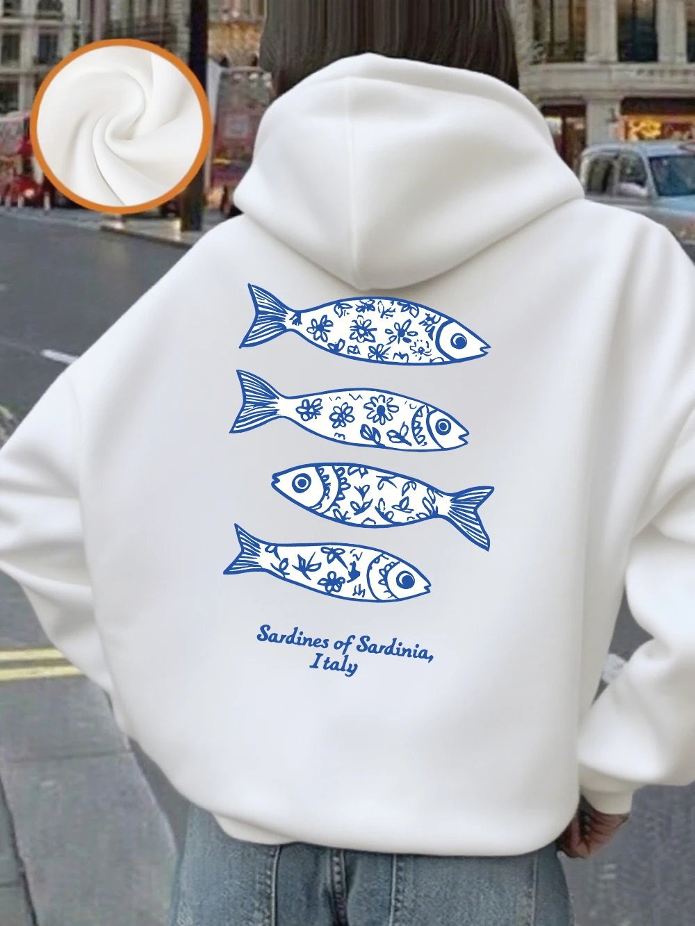 サルデーニャのイタリアのイワシプリントパーカー女性カジュアルポケットプルオーバー冬フリース暖かいスウェットシャツベーシックスポーティな服