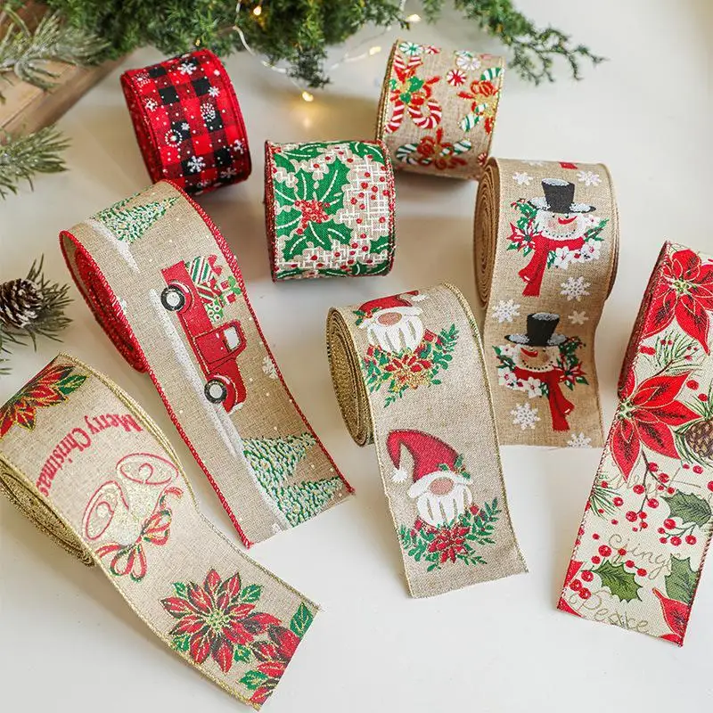 2M/Roll Linen Christmas Ribbon Xmas Tree Printed Gift Wrap Ribbon Snowman Handmade Gift Box Packing Strap New Year Gift