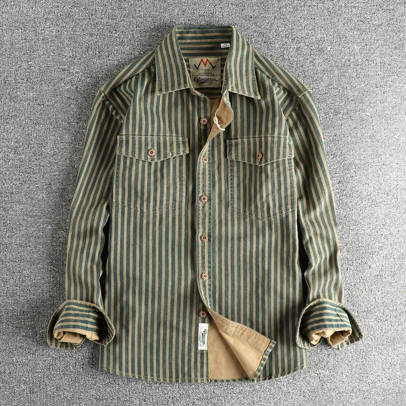 KIDWHXR Man Spring Autumn Shirts Vintage Striped Single-breasted Pocket Male Cargo Shirts Loose Casual Long Sleeve Men Tops