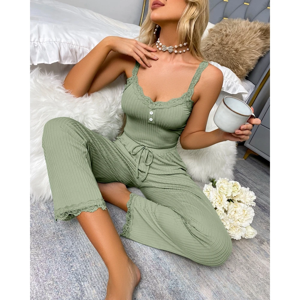 Summer Women Contrast Lace Strap Buttoned T-shirt & Drawstring Pants Set Female O-Neck Top 2 Pieces Honewear Suit Sets Casual