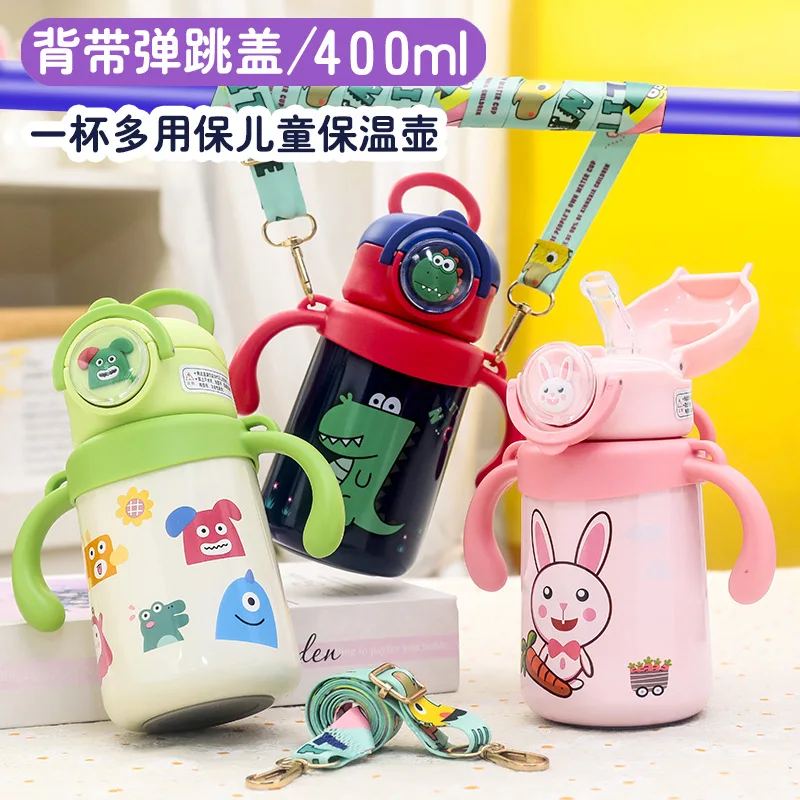 Cartoon Small Animal Kids with Handle Diagonal Across Portable Baby Learning Cup Bouncing Splash Proof Straw Thermos Cup