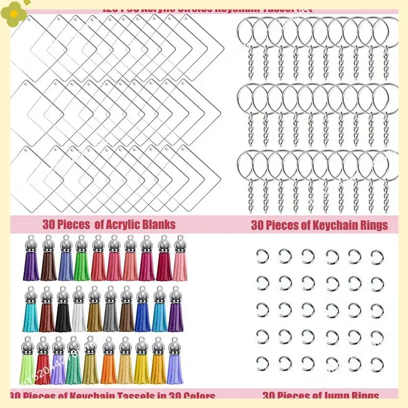 LDHL 120 Pcs Square Acrylic Keychain Blanks Tassels Set Including Acrylic Blanks Silver