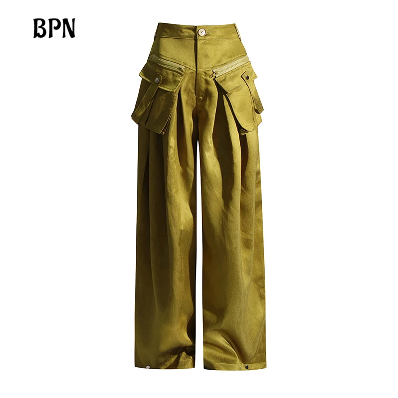 

BPN Solid Patchwork Pockets Loose Casual Trousers For Women High Waist Spliced Button Minimalist Wide Leg Pants Female Fashion