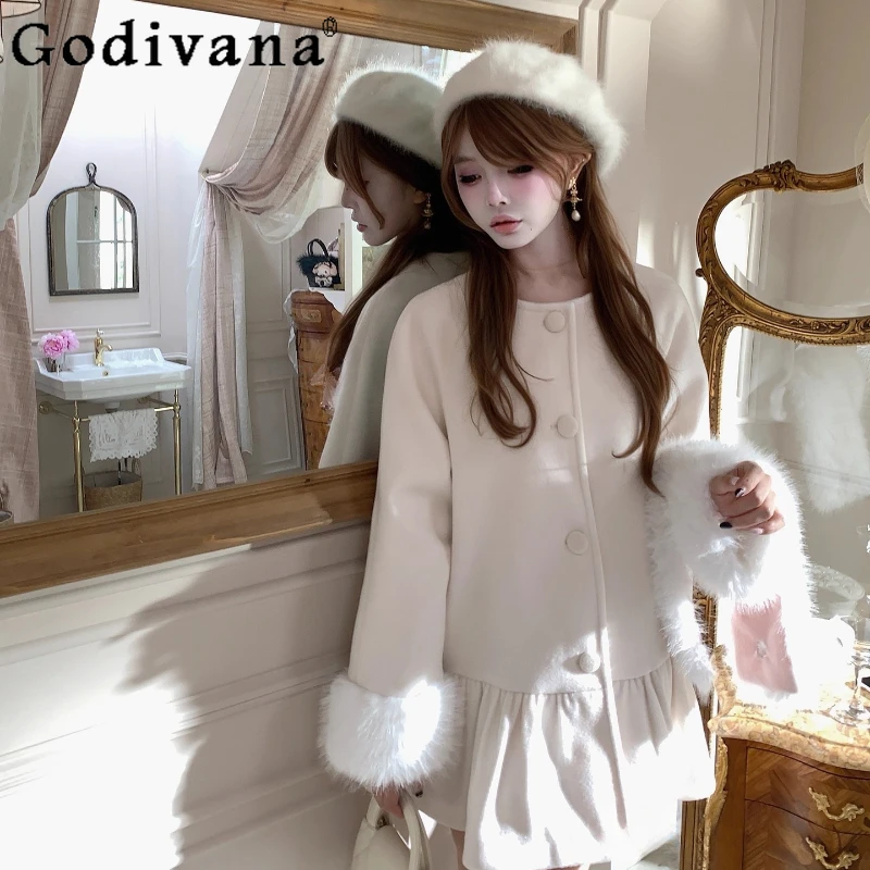Original New Slimming Warm Jackets for Women Gentle Off White Collarless Woolen Coat Female Japanese Style Lolita Coat