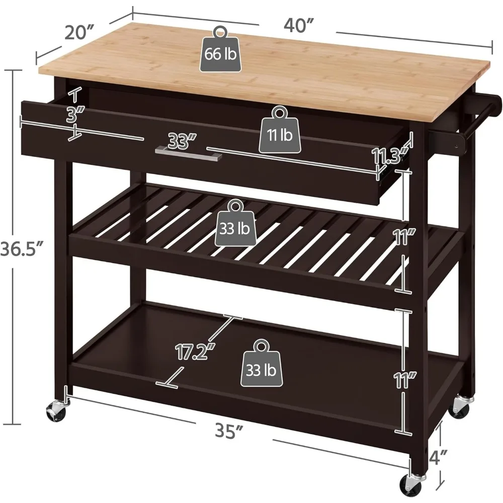 عربة جزيرة المطبخ مع سطح خشبي، وعربة أدوات متنقلة للخدمة، ودرج تخزين، ورف النبيذ، وحامل المناشف #4
