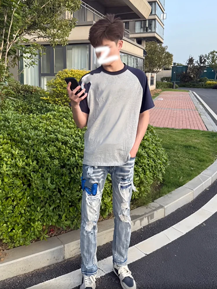 

American Sle Men's Jeans with Embroidery And Patchwork High Waist Straight Leg Stretchy Casual Slimming Long Pants