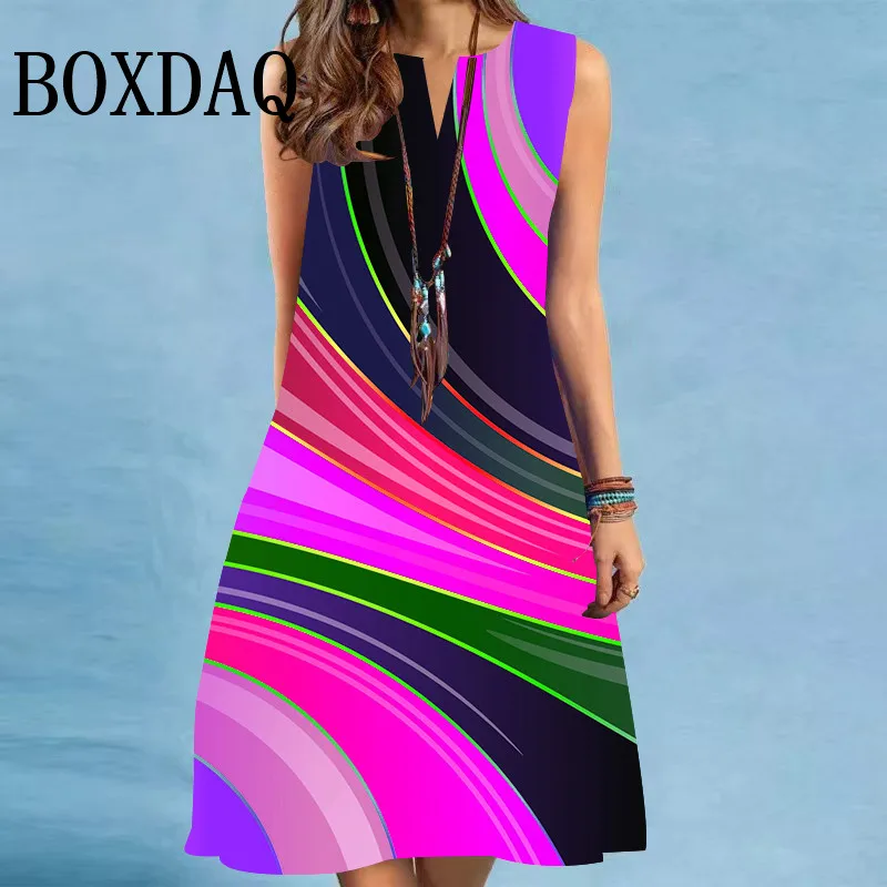 Vintage Print Midi Dress For Women Summer Loose Sleeveless Dresses Elegant Lady V-Neck Gradient Striped A-Line Beach Sundress