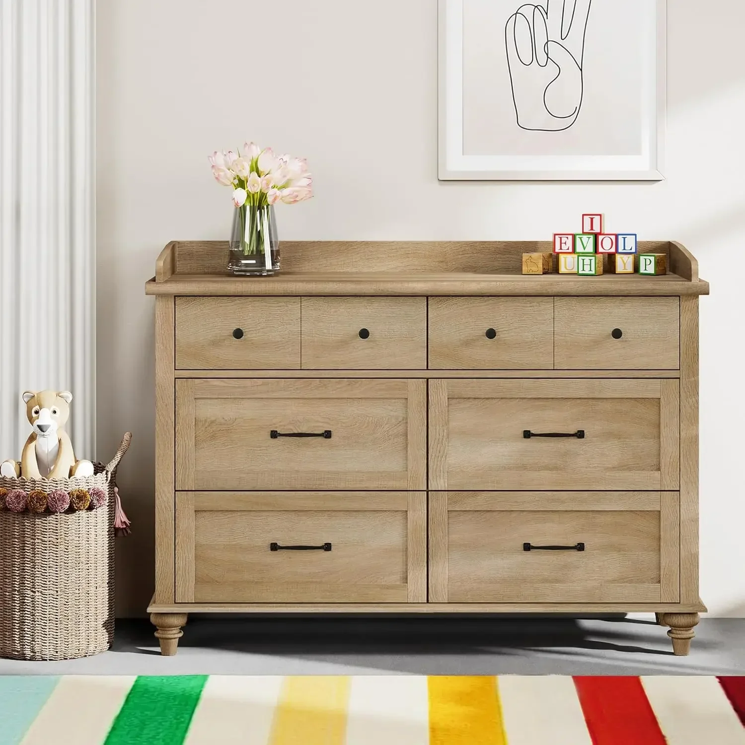 

For Kinderkommode für Schlafzimmer mit 6 Schubladen, Babykommode aus Eichenholz mit breiter Kommode, Aufbewahrungsorganisato