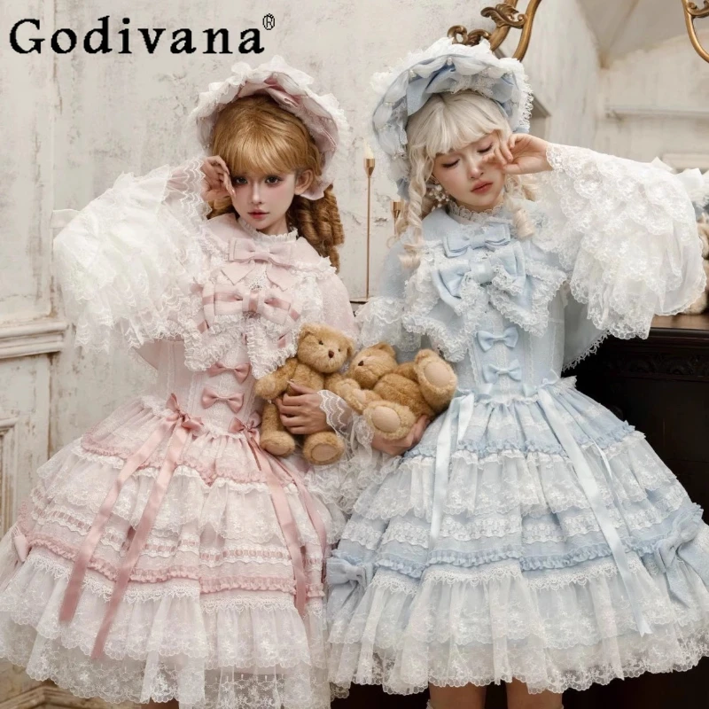 

Original Lolita Dress Cape Set Girl's Sweet Elegant Slim-Fit Lace Edge Bow Princess Birthday Dress Woman's Sweet Wedding Dress