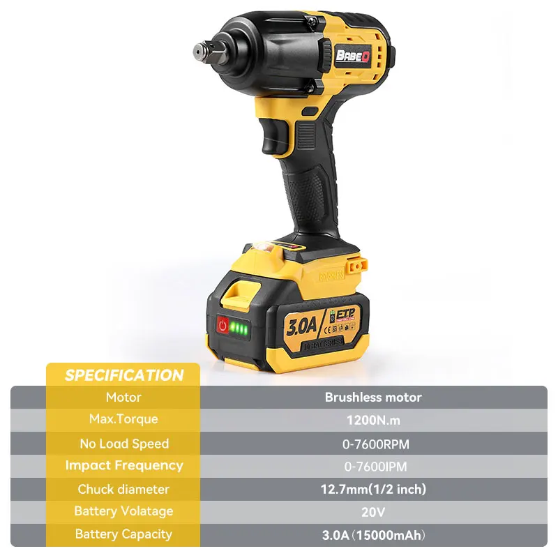 Imagem -02 - Babeq-chave Elétrica de Impacto Brushless Ferramenta Elétrica sem Fio Soquete 22 mm Atualizado Bateria 3.0a 1200n.m