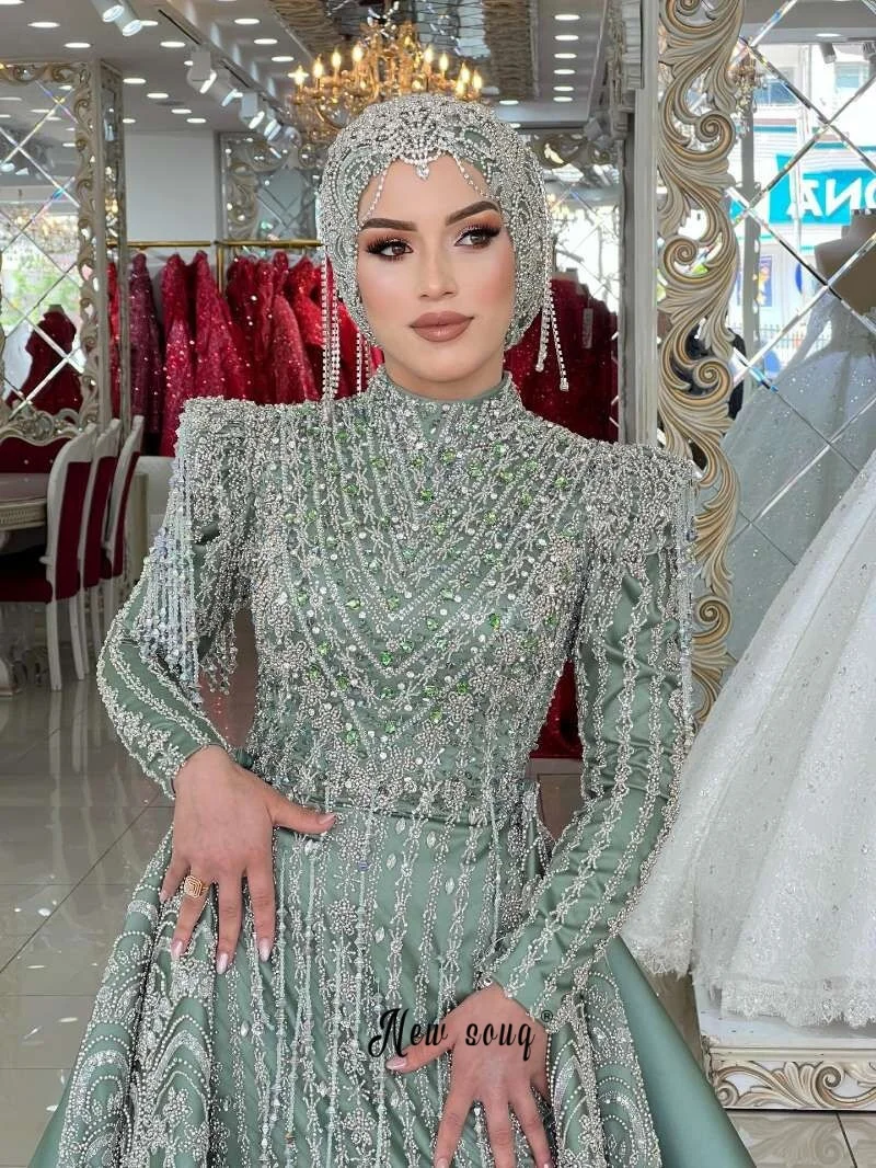 Two Pieces Beading Sage Green Prom Dress With Detachable Train 2026 Luxury Women Wedding Guest Gowns Plus Size Customized Robes view 2
