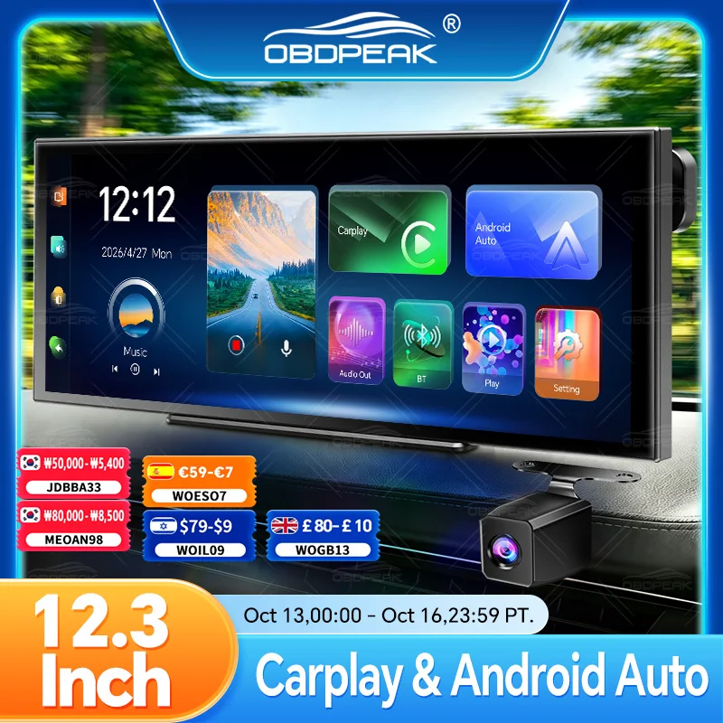 OBDPEAK 12.3" K9 MAX Caméra embarquée 4K pour voiture, Dash Cam sans fil, Carplay, Android Auto, Navigation GPS, Enregistrement vidéo de la caméra de recul, WiFi 5G, Mirror Link