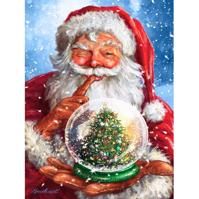 Christmas Snowman Santa Claus With Snow Magic Crystal Globe Xmas Tree Winter New Year Canvas Wall Art Painting