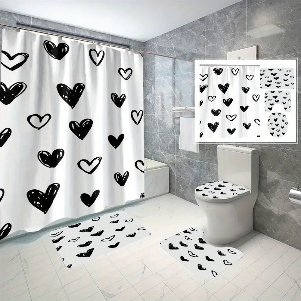 

4pc Valentine's Day Black Heart Print Bathroom Set - Polyester Waterproof Punch-free Partition and Toilet Seat Set
