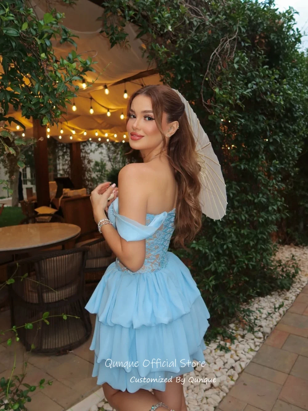 Qunque Chic Mini Off Shoulder Prom Dress Multi Layer Ruffled Homecoming Dresses A Line Chiffon Cocktail Party Gowns Customized