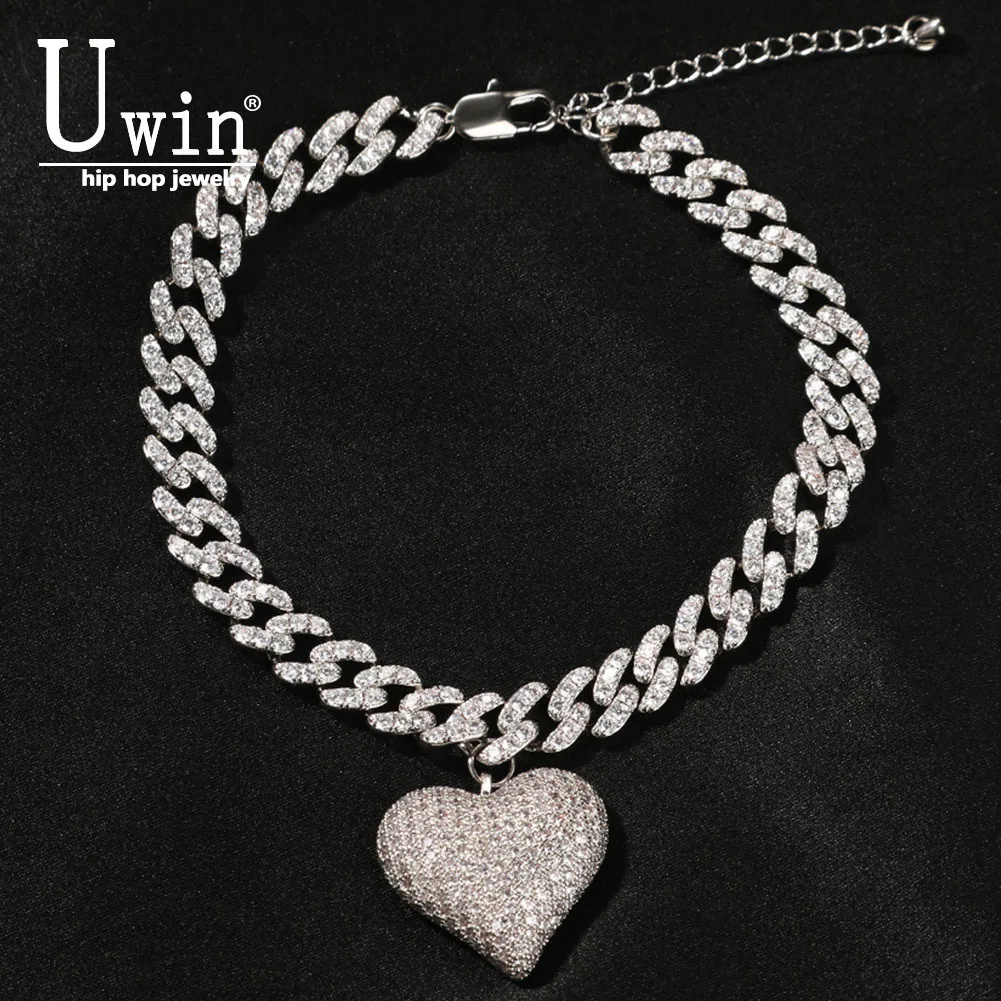 Uwin 9mm Cuban Chain With Heart Miami Link Necklace Gold Silver Plated Luxury Micro Paved CZ Chain