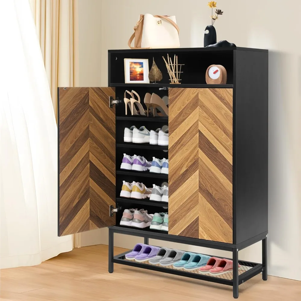 

Wood shoe cabinet with doors, shoe storage organizer with adjustable and removable shelves, cabinet for entryway with metal base