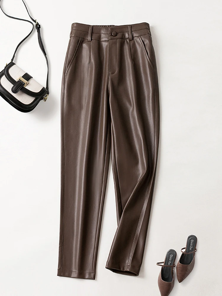 Faionable عالية الخصر مستقيم الساق eepskin بنطلون المرأة الخريف الشتاء التخسيس كابري السراويل العصرية تخفيف Sle كيتس