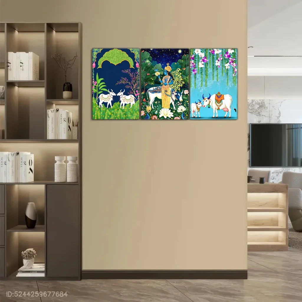 3 قطع من المطبوعات القماشية المؤطرة، ملصق زخرفي بنمط إسلامي للتسامي الفني المذاق، منظر طبيعي للبقرة والأغنام #5