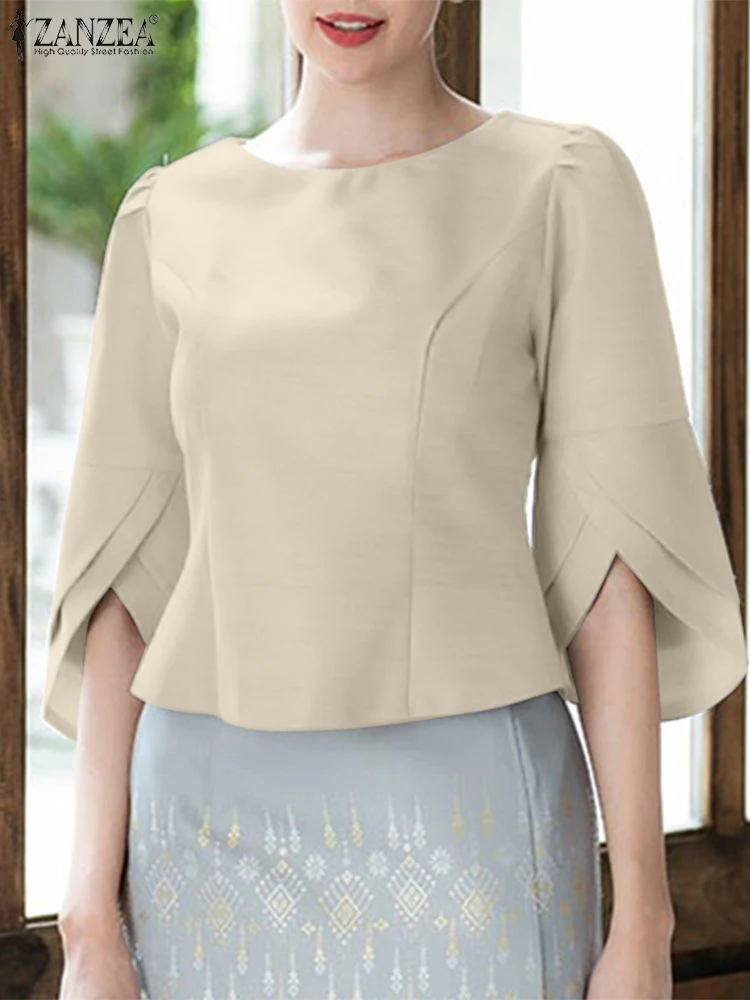 2025 ZANZEA blusa de oficina camisa de Mujer elegante sólido Slim Fit Tops verano elegante 3/4 manga de pétalo Blusas de trabajo Mujer de gran tamaño