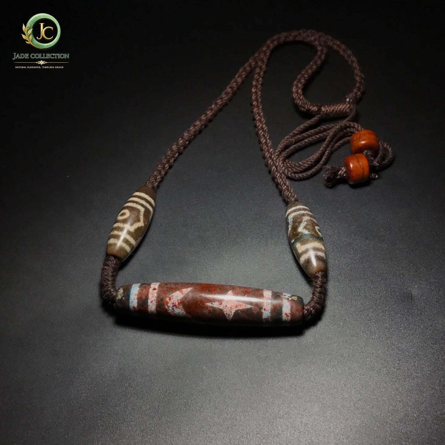 Unique Tibetan Cinnabar Old Agate Dzi Sun Moon Star Beads Necklace J0429
