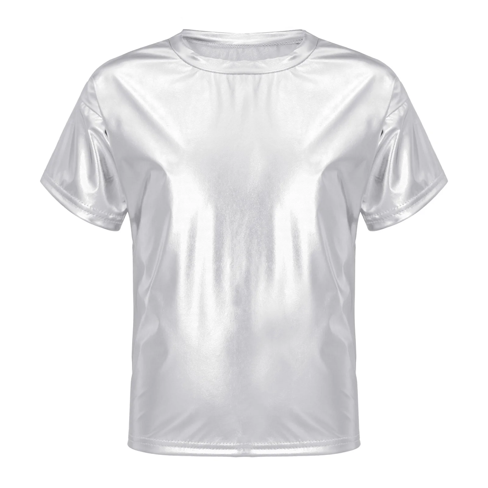 

Kids Boys Girls Shiny Metallic Hip Hop Dance T-Shirt Short Sleeve Round Neck Modern Jazz Party Stage Performance Dancewear Tops