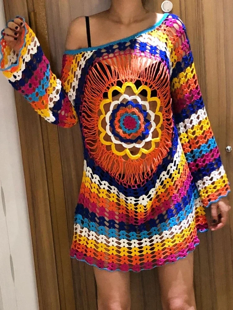 Copricostume da spiaggia fatto a mano all'uncinetto - Abito a tunica lavorato a maglia per costumi da bagno, caftano sarong leggero per donna, abbigliamento da spiaggia estivo