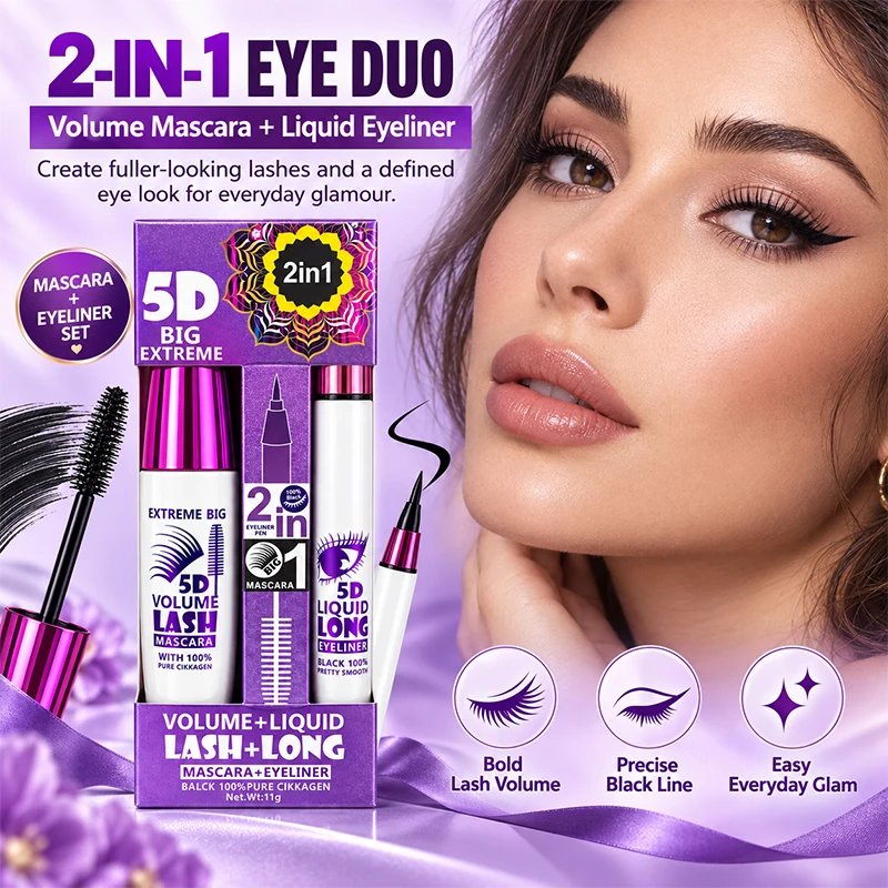1/2 Pcs 5D Mascara and Eyeliner Set 2 In 1 Liquid Eye Liner Pen Volume Long Lasting Smudge Proof Black Eye Makeup Kit Beginner Friendly Daily