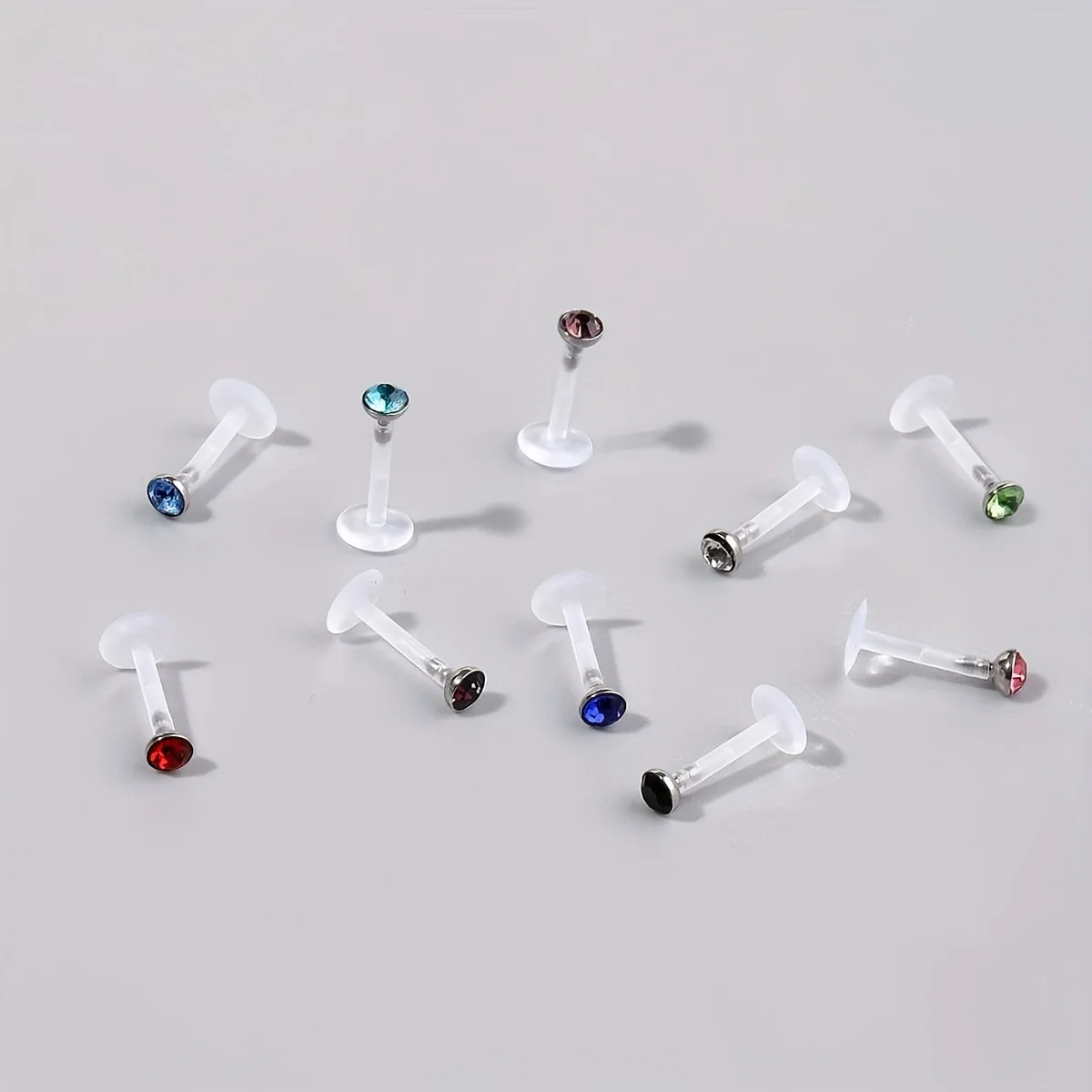 10pcs Acrylic Transparent Invisible Lip Nail Stud Ring Body Piercing Jewelry Inlaid 2/2.5/3mm Shiny White Colorful Rhinestone