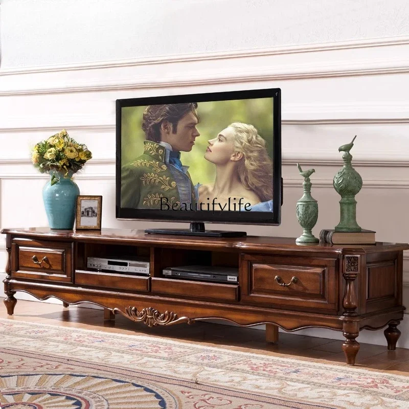 

09 American Style Solid Wood TV Cabinet Living Room European Style Home Retro Audiovisual Floor Cabinet