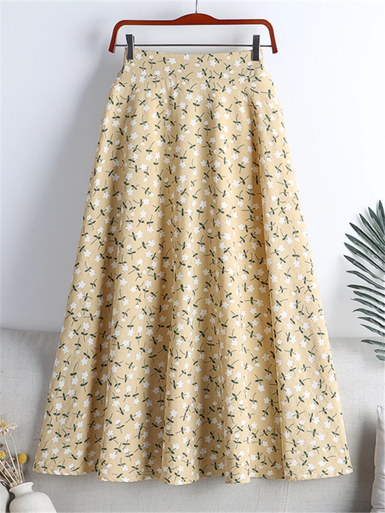 REALEFT New Stylish Floral Printed Tulle Mi-long Women Skirts High Waist Loose Female Umbrella Skirts Ladies Spring Summer